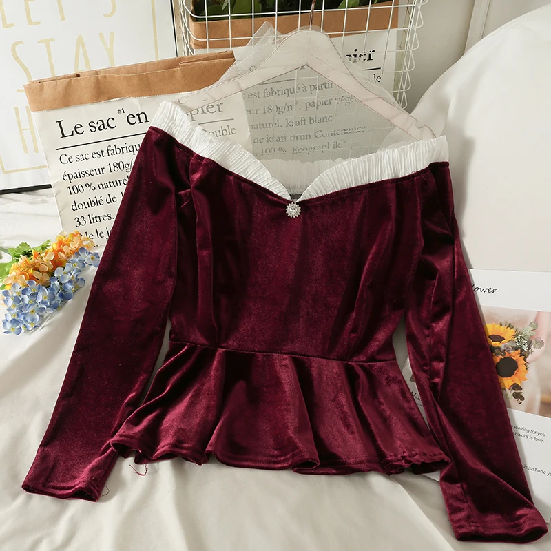 

Осенне-зимняя женская футболка, новинка 2022, Готическая винтажная сетчатая Лоскутная бархатная футболка, элегантные женские топы, черный