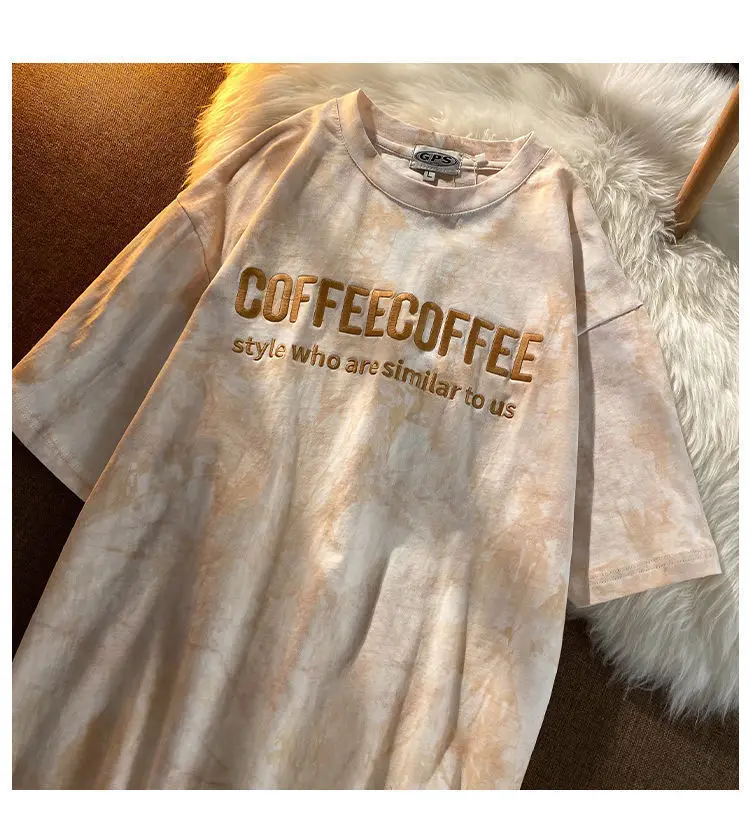 

Cotton Short Sleeve T-shirts Women Letter Embroidery Tie Dye Oversize Hip Hop Loose Korean All Match Students Simple Chic O-neck