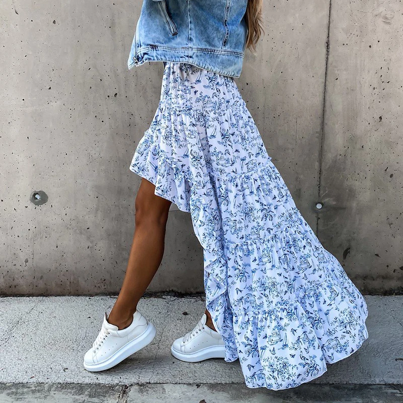 

Bohemian Asymmetrical Women Long Skirt Summer Beach Style Floral Printed High Waist Casual Skirt Ins New Arrival Skirt 2021