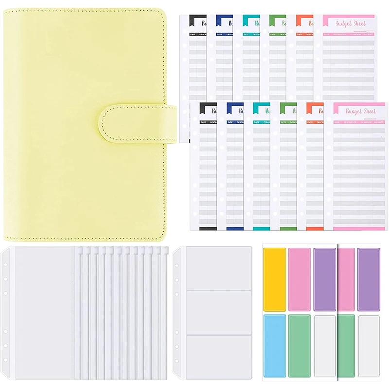 

A6 PU Leather Binder Notebook Cover, Waterproof 6-Ring Binder Refillable Notebook with 12 Budget Envelopes System