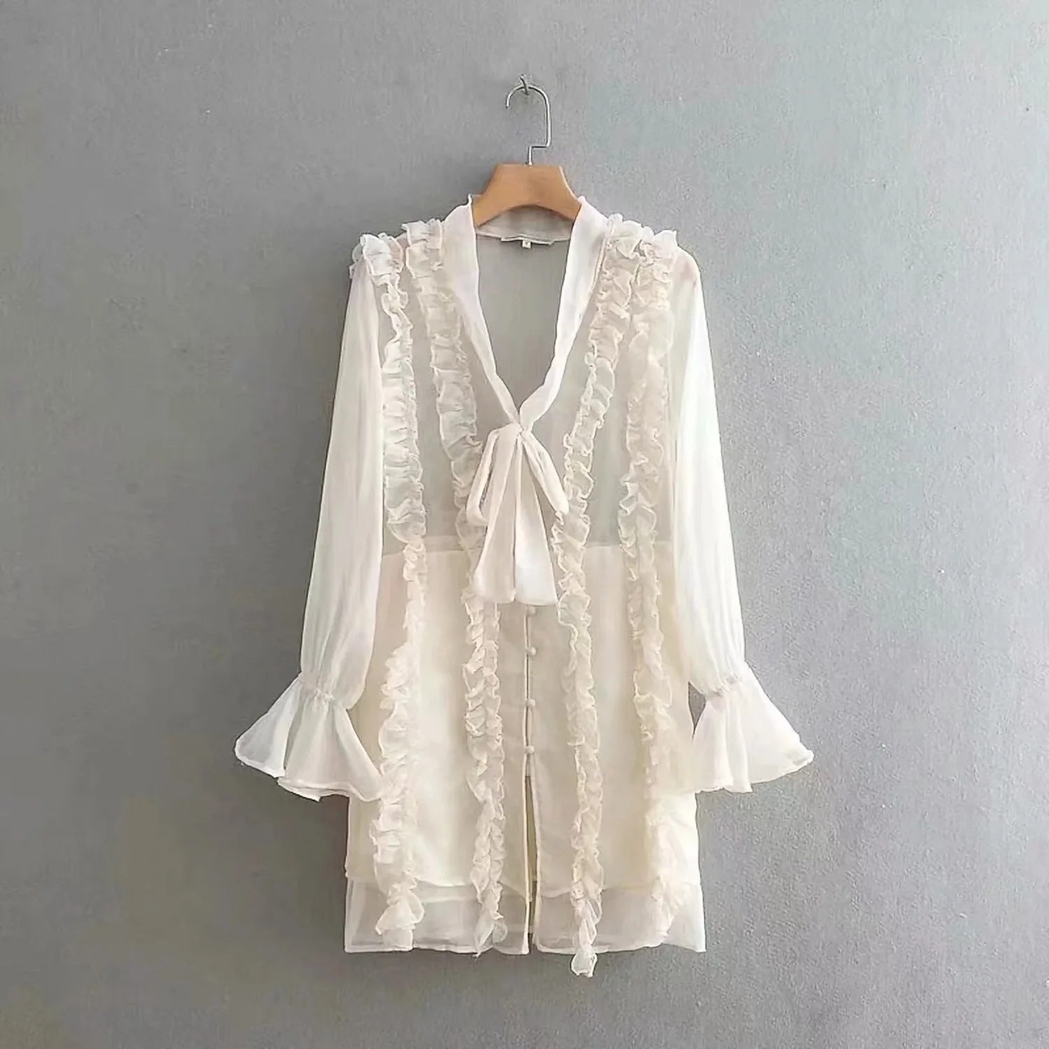 DEAT 2020 Spring Long Sleeve Ruffled Collar Beige Short Mini Dress Women MH566 |