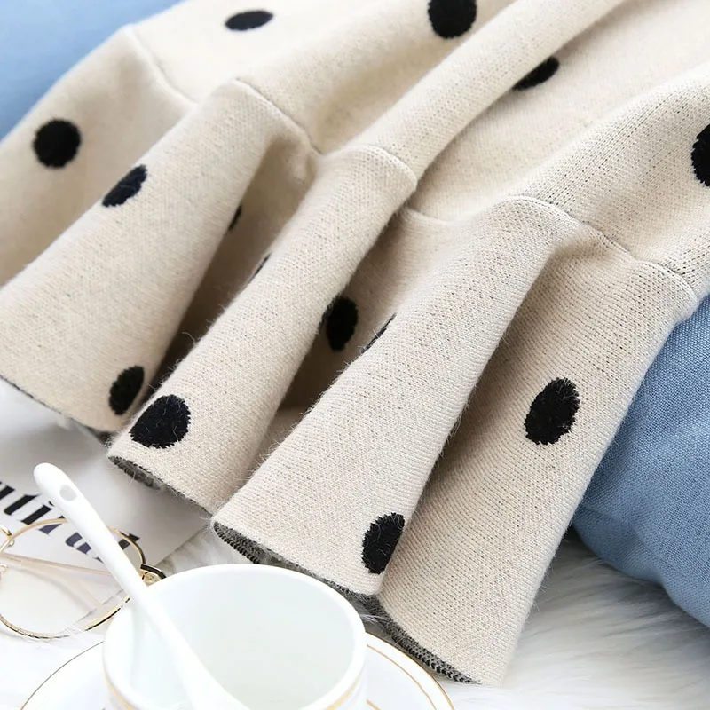 

2019 Fashion autumn winter women's knit dress long sleeve dot print sweater female ruffle O-neck thicken elasticity dresses 2954
