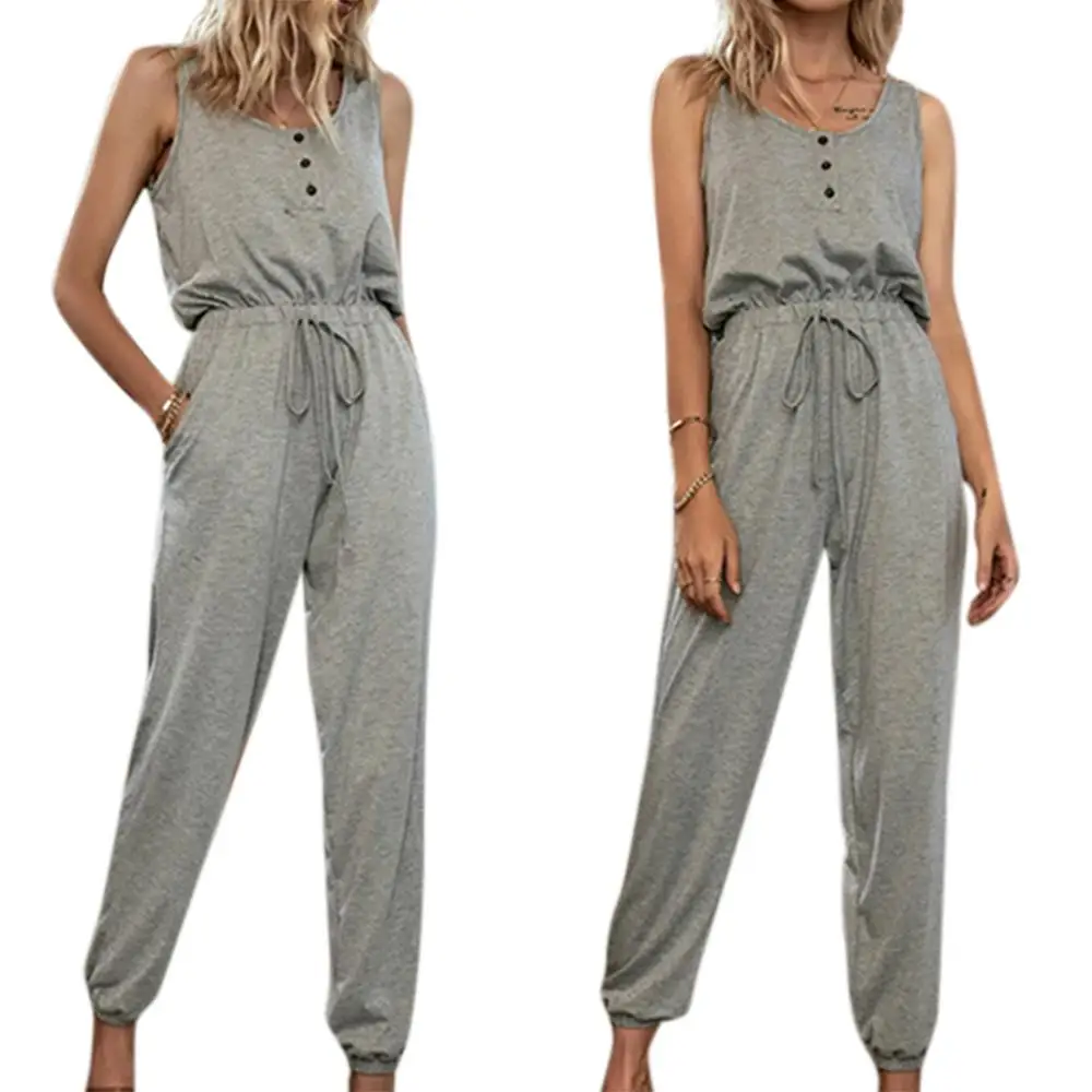 

Vest Jump Suit Women Summer Sleeveless Grey Drawstring Long Jumpsuit Casual Loose 2020 New Summer Female Jump Suit