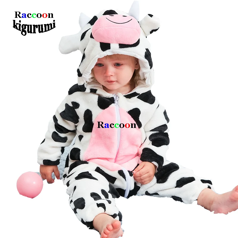 

Lovely Newborn Baby Boy Clothing The Cow Flannel Onesie Winter Animal Thick Pajama Cosplay Costume Raccoon Kigurumi 0-2 Year