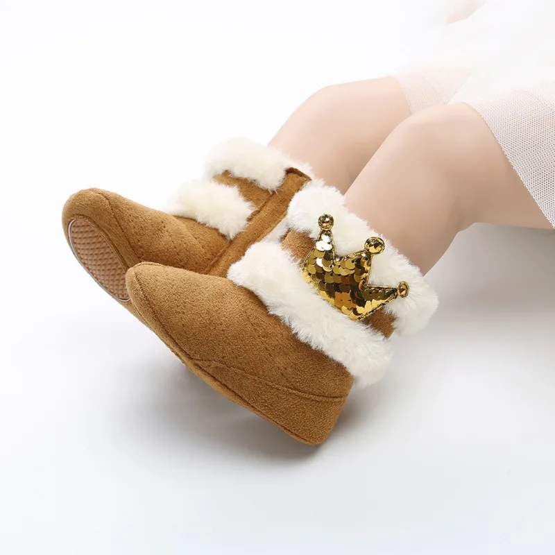 Fashion Newborn Infant Baby Girls Winter Warm Casual Boots Crown Fur Mid-Calf Length Slip-On Furry Shoes 0-18M |
