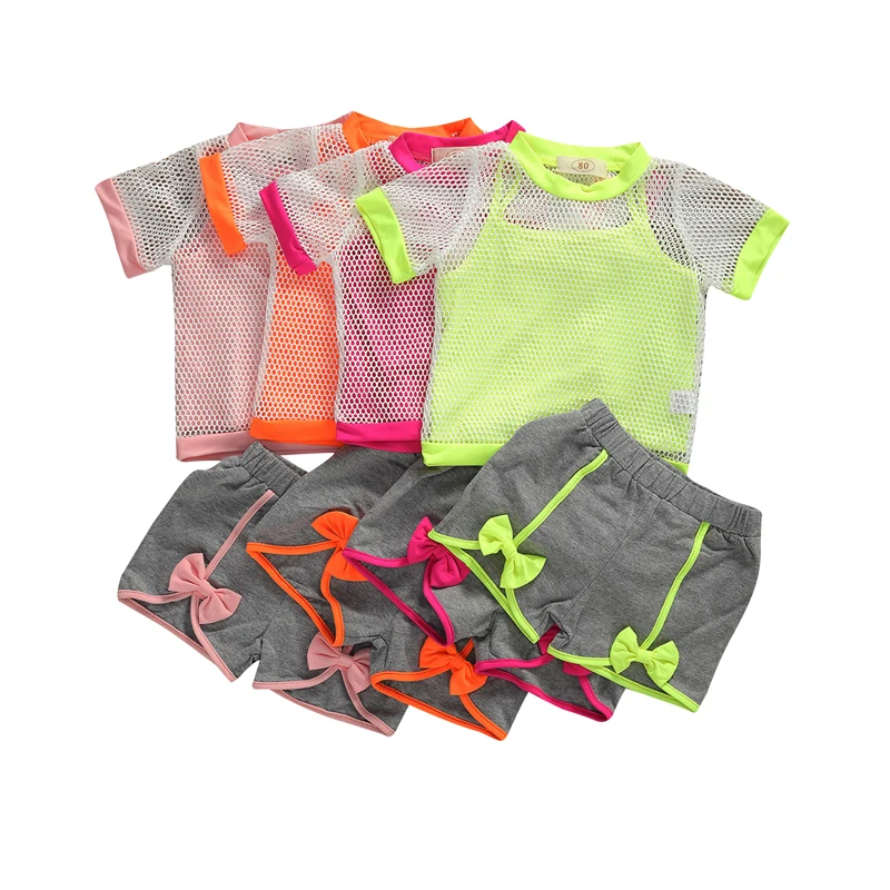 

1-6Y Toddler Infant Baby Kids Girls Clothes Sets 3pcs Solid Vest Tops+Net Short Sleeve T Shirts Tops+Bow Solid Shorts 4 Colors