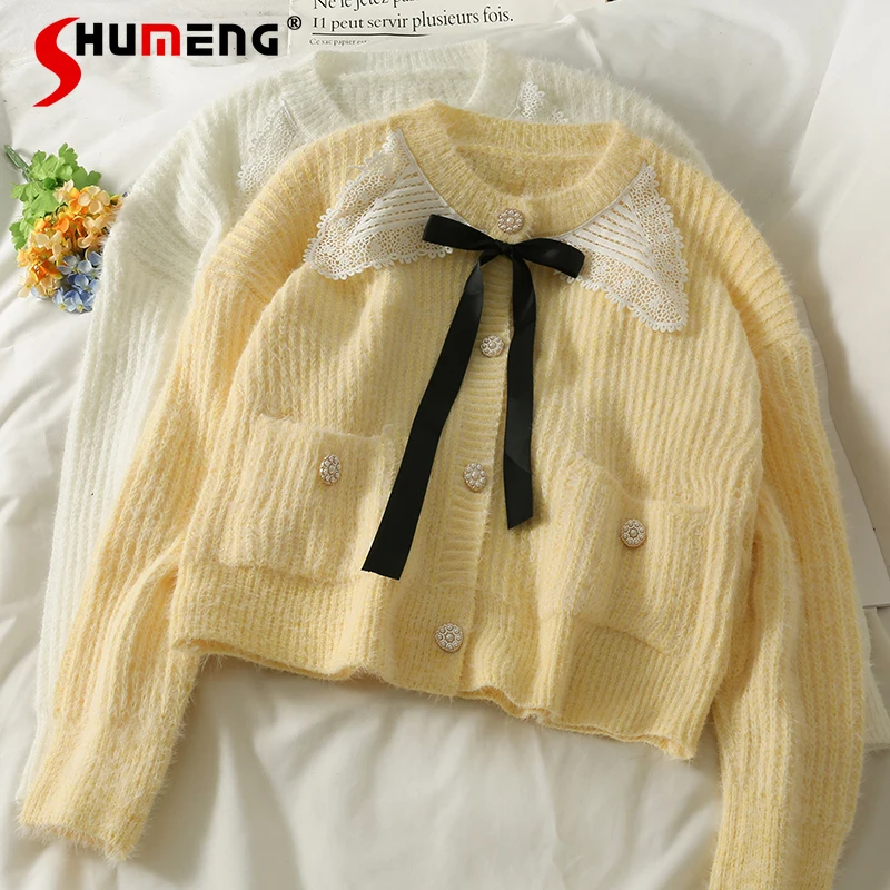 

Women's Bow Lace Stitching Single-Breasted Cardigan Sweater 2021 Autumn Kawaii Loose Slim Fit Long Sleeve Yellow Knit Sweaters