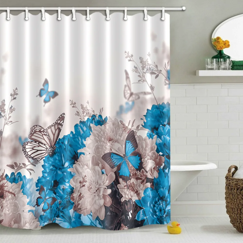 

Blue Butterfly Flower Luxury White Shower Curtain Bathroom Curtains Floral Waterproof Polyester Fabric for Bathtub Decor