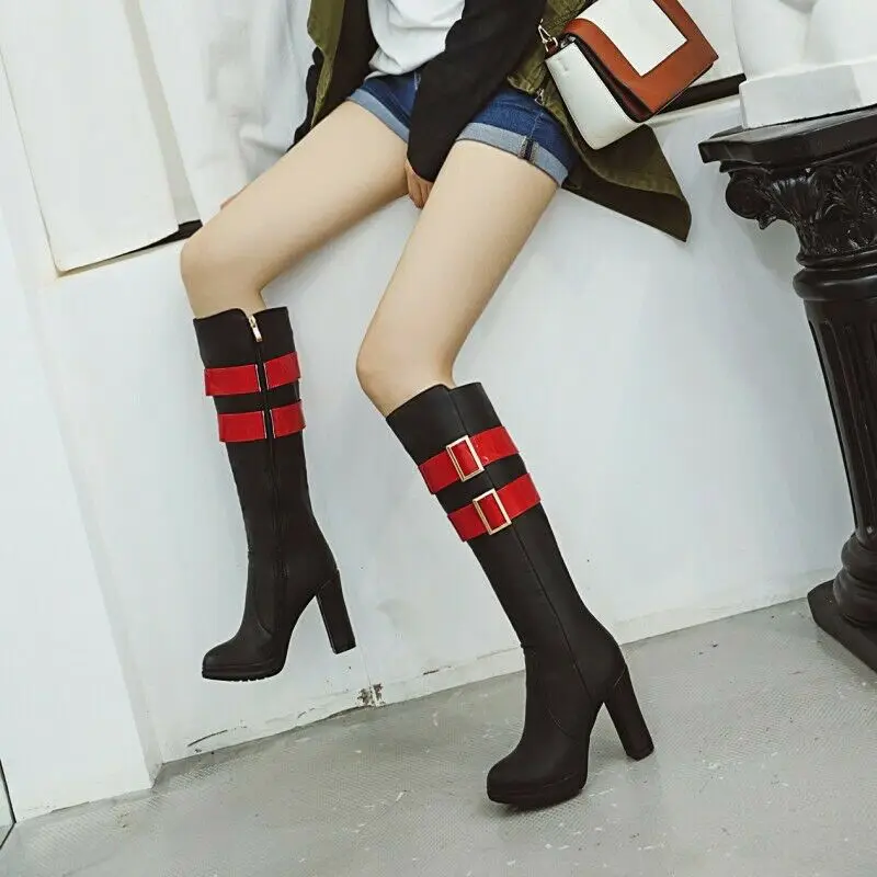 

Womens Punk Gothic Block High Heel Buckle Decor Side ZipKnight Boots