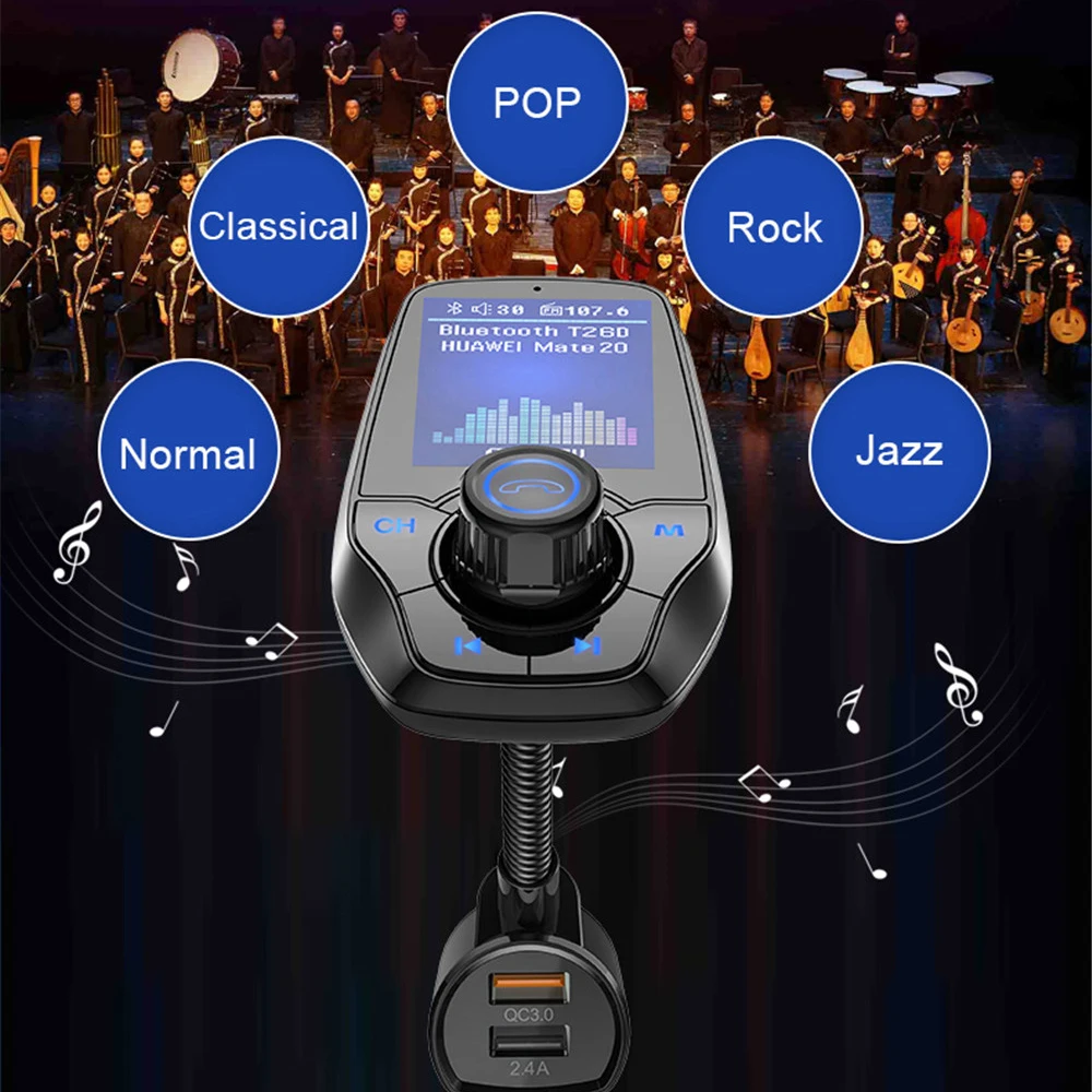 Car Bluetooth FM Transmitter Hand-free MP3 Player Colorful Large Screen Launcher Receiver QC3.0 Radio T26D |