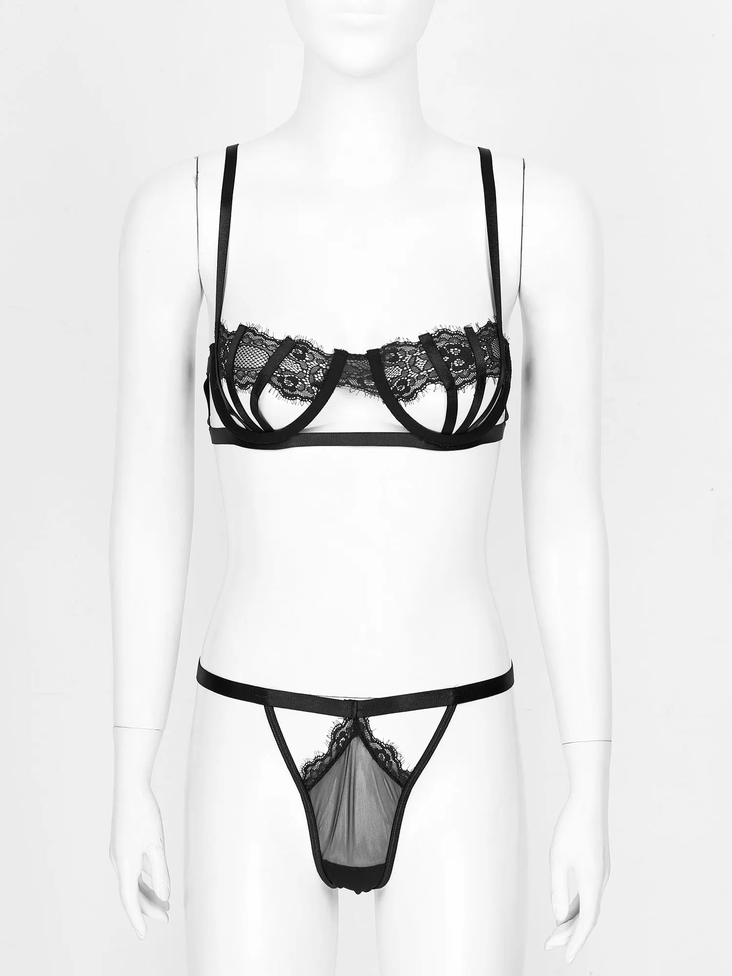 

Новинка, женское кружевное экзотическое нижнее белье, комплект нижнего белья, бюстгальтер на косточках с открытой чашкой, трусики-стринги, ...