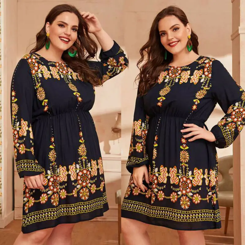 Большие размеры XL-4XL женские свободные черные мини-платья с цветочным принтом и
