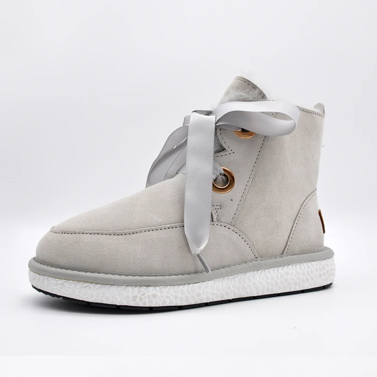 

Bow Ribbon Shoelace Ladies Genuine Shoes Women Winter Sneakers Leather Snow Boots Fur Ankle Boots