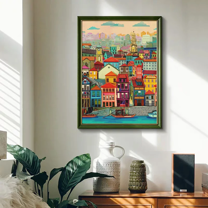 

Colorful House By The Water Vintage Poster City Landscape Nordic Art Canvas Print Painting Wall Picture Modern Home Decoration