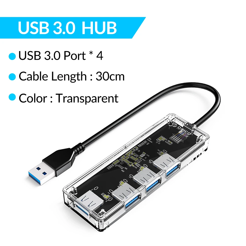 4 USB3.0 30CM ORICO прозрачный usb-хаб мульти высокоскоростной USB3.0 2,0 сплиттер 4 порта OTG адаптер для чтения карт для настольных ПК Аксессуары для ноутбуков - Цвет: 4 USB3.0 30CM