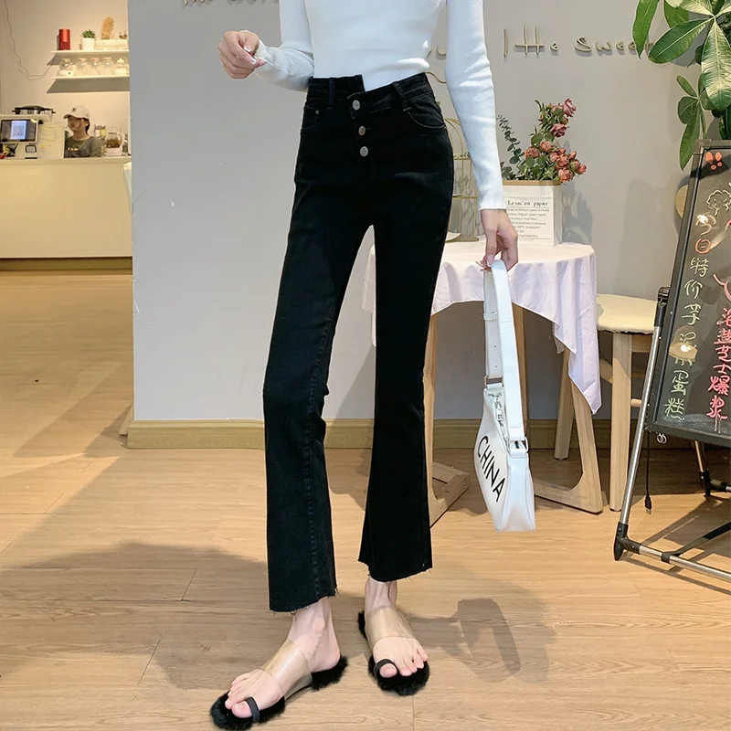 Новинка 2021 женские джинсы укороченные ботинки черные облегающие осенние брюки