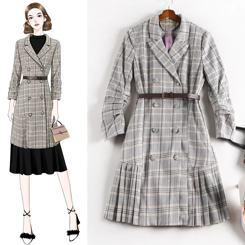 

5XL женские 4XL 2021 на осень-зиму размера плюс, клетчатый Блейзер, платья OL двубортный пояс плиссированное платье Y763