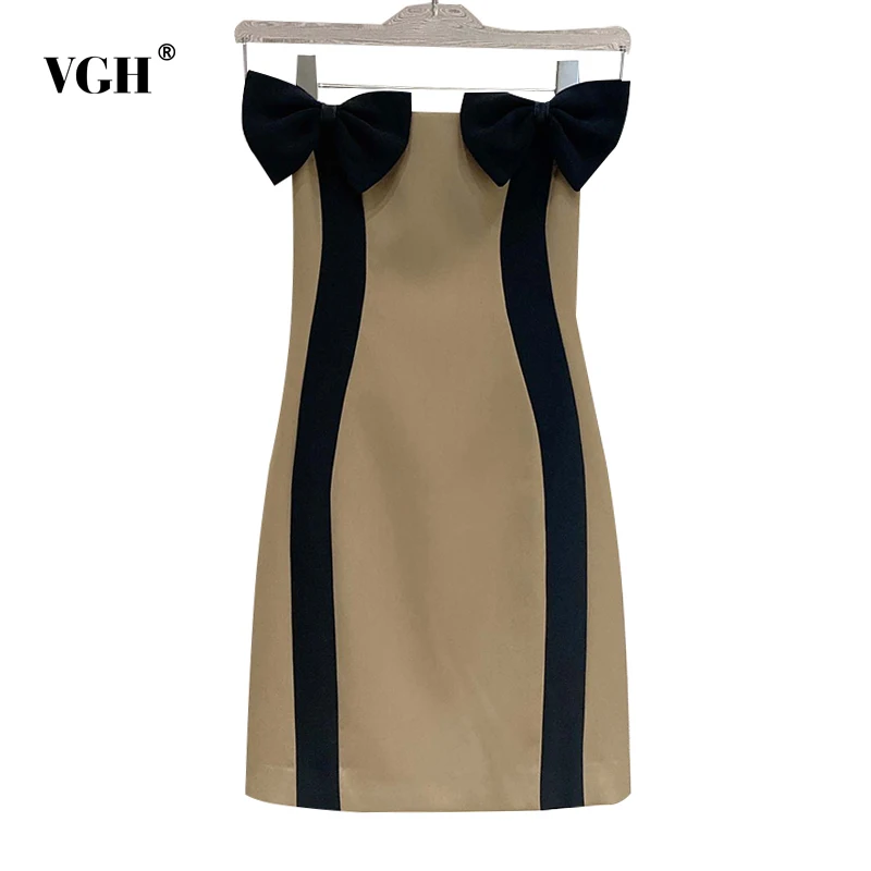 

VGH Sexy Colorblock Patchwork Bowknot Mini Dress Female Slash Neck Sleeveless High Waist Bodycon Dresses For Women 2021 Clothing