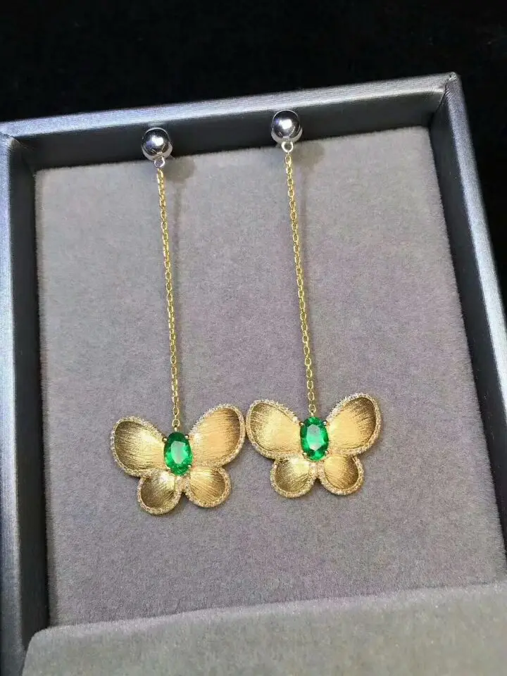 MeiBaPJ серьги-подвески с натуральными изумрудными камнями Бабочка Настоящее