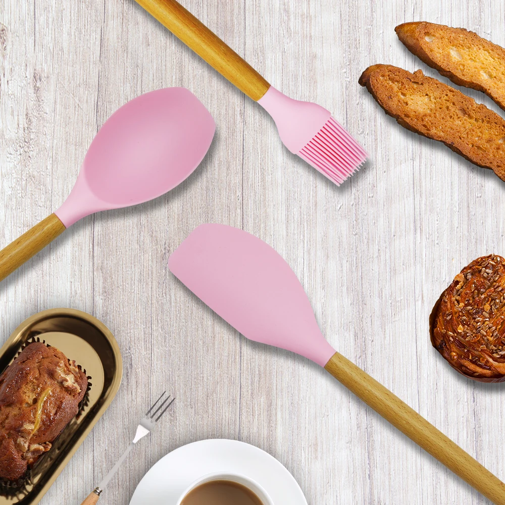 

9/10/11/12pcs Silicone Kitchen Set Cooking Tools Utensils Set Spatula Shovel Soup Spoon with Wooden Handle Special Design