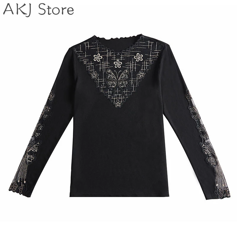 

Women Lace Embroidered Patchwork Long Sleeve Basic Tshirt Rhinestone Elasticity Slim Tee Plus Size M-4XL