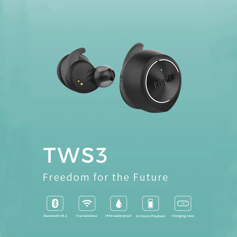 EDIFIER TWS, 3 TWS, настоящий беспроводной Bluetooth V4.2, наушники-вкладыши с зарядным устройством и съемными ушными крыльями, Многофункциональная кнопка