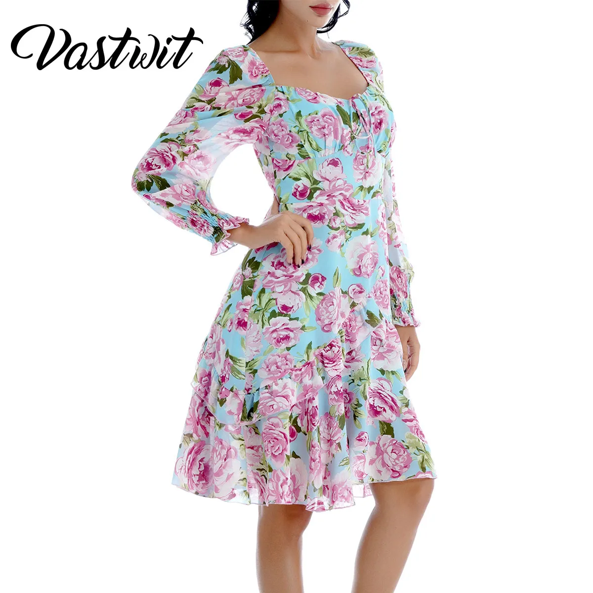 

Women Retro print Mini Dress Square Neckline Long Sleeve Ruffle Boho Dresses