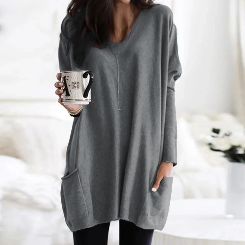 Light Grey ZANZEA, женские повседневные одноцветные блузки, новинка, модные женские одноцветные трикотажные топы, рубашки, Осенние туники с длинным рукавом и карманами, 5XL - Цвет: Light Grey