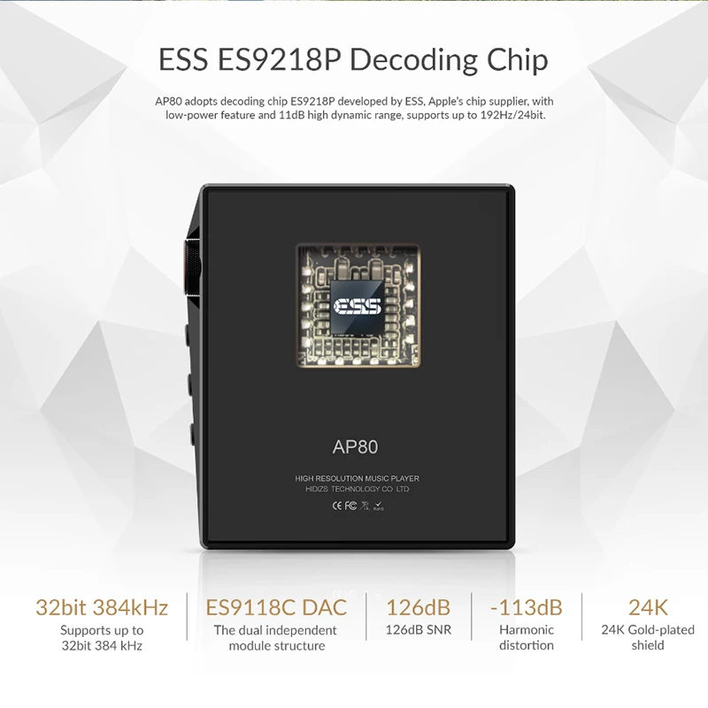 Мини mp3 плеер Hidizs AP80 ES9218P музыкальный с поддержкой Bluetooth без потерь LDAC AtpX USB DAC DSD FM