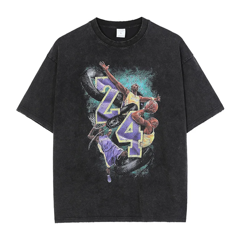 

Washed Vintage Cotton Tops Tees Kobe Bryant Basketball Print Oversized T-shirt Men's Clothing Woman Clothes Streetwear