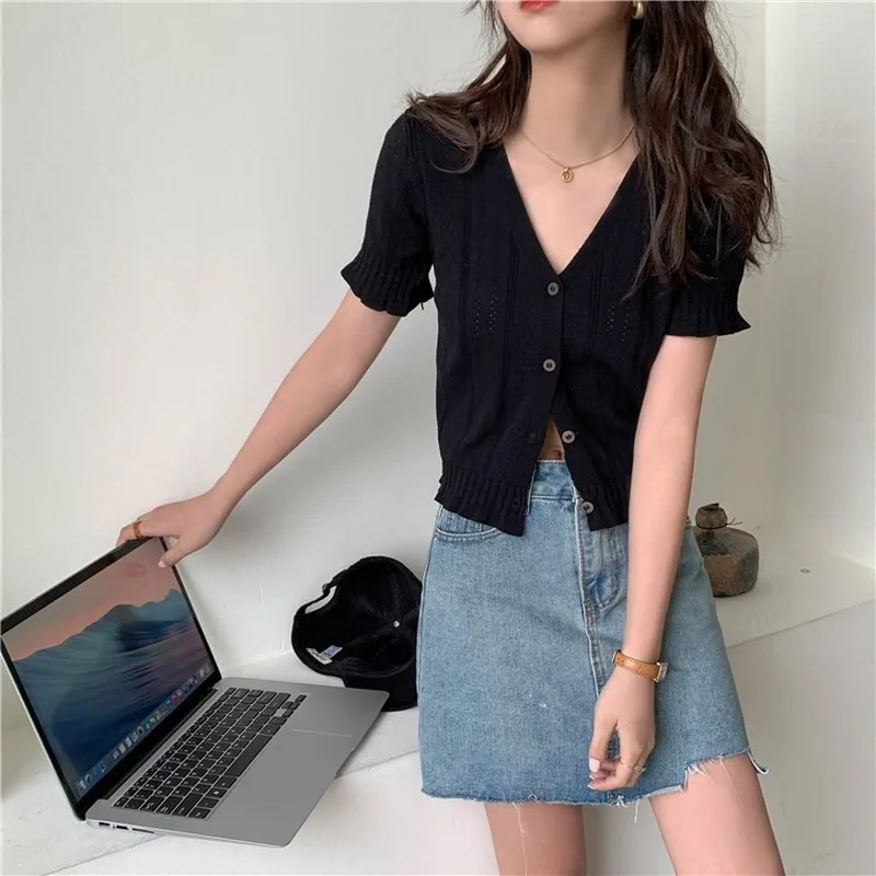 

Mazefeng New 2020 Summer Women's Sweaters Hollow Out Casual V-Neck Minimalist Knitting Lace Up Short Cardigans Tops One Size