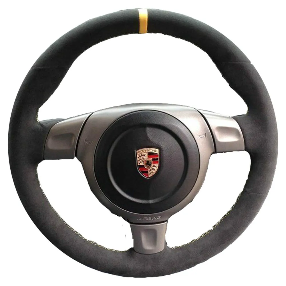 

DIY All Black Suede Leather Steering Wheel Red Stitch on Wrap Cover Fit For Porsche 996 911 2006-2007