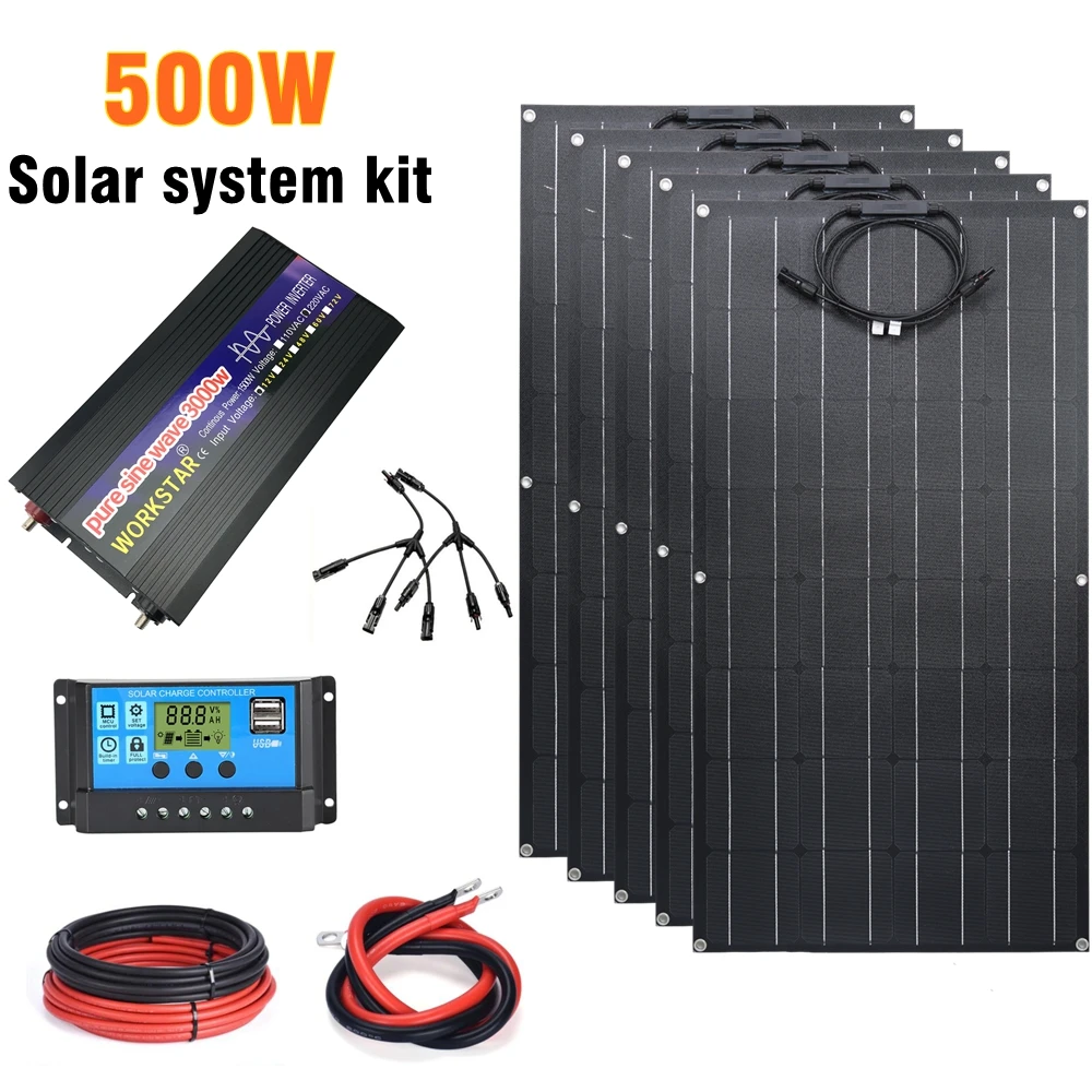 

500W Solar System Kit Home Camping Cars Battery Charger 100W ETFE Flexible Solar Panel Complete Off Grid Solar System Inverter