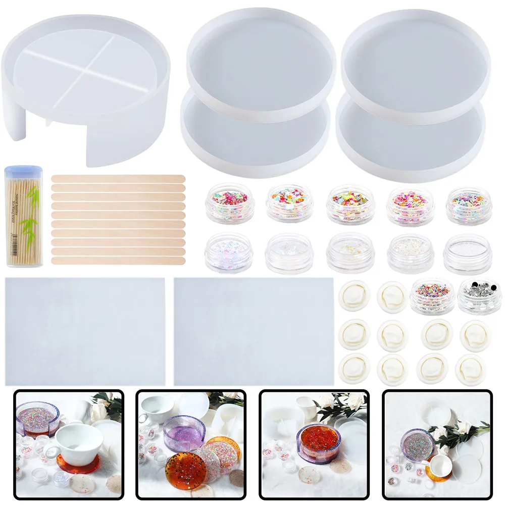 1 Set Round Square Coaster Silicone Mold Kits DIY Epoxy Resin Coaster Storage Box Resin Mold Handmade Crystal Coasters Moulds