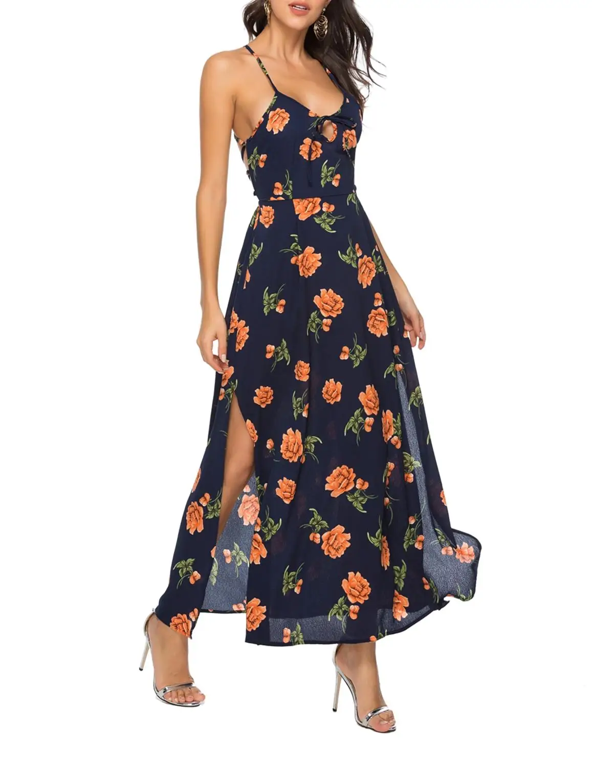 Женское летнее длинное платье с V образным вырезом и открытой спиной|Женские