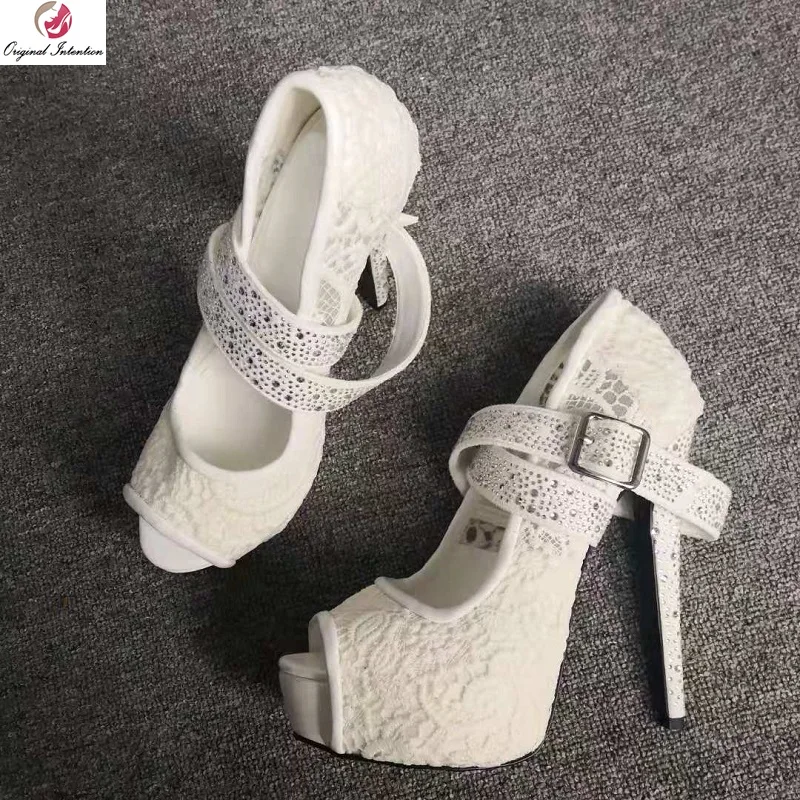 

Original Intention Elegant Women Pumps New Fashion Peep Toe Thin High Heels White Lace Shoes Woman Pumps Plus US Size 4-15