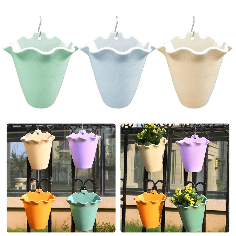 

6pcs Indoor Outdoor Flower Basket Garden Grow Container Pot Wall Ornament Home Decor Hanging Planter With Hooks Yard Wave Edge