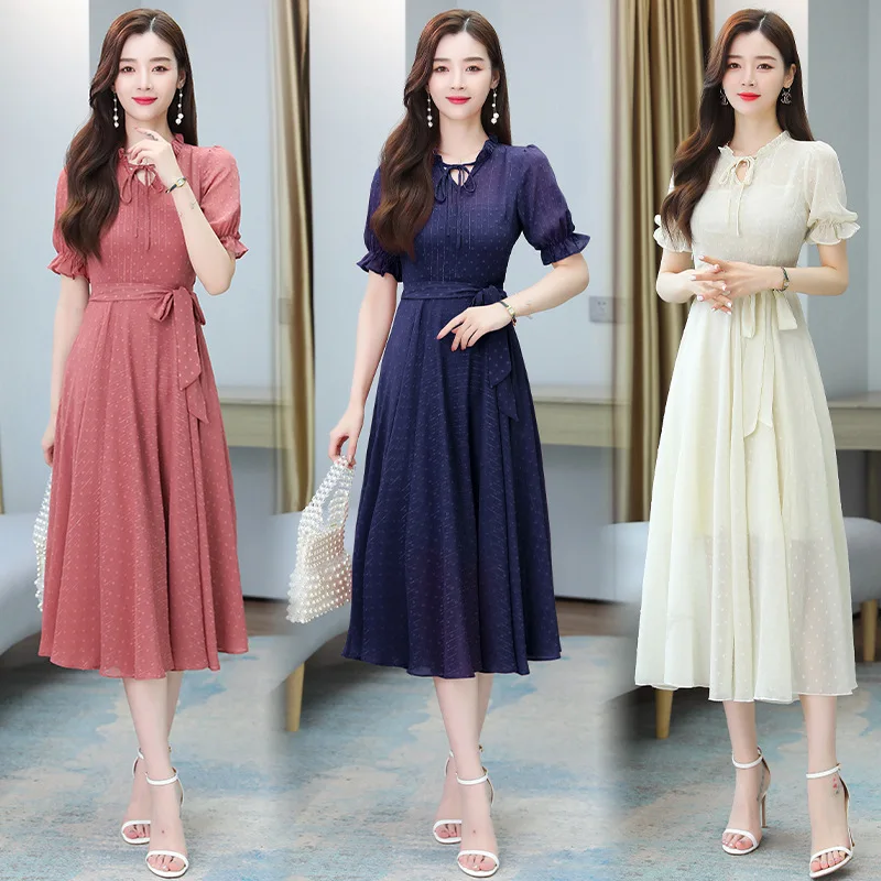 

Chiffon Dress.summer new Korean version large size waist show thin temperament, dress swing long skirt and ankle foreign style