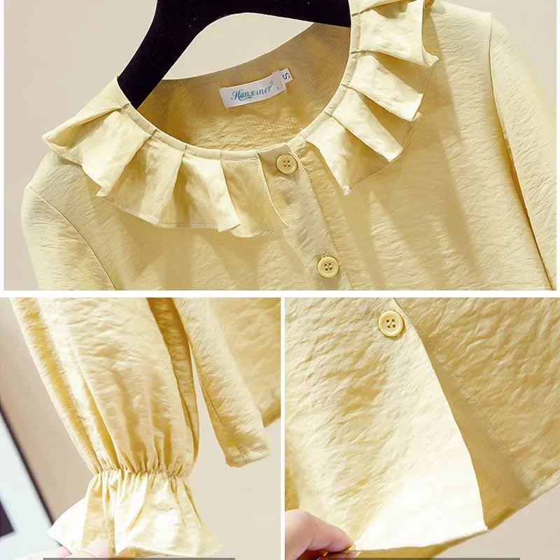 

2020 New Autumn Korean Sweet Spliced Pleated Doll Collar Blouse Women Long Sleeve Solid Tops Cardigan Shirt Blusas Mujer 11148