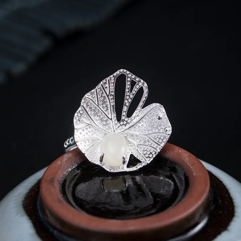 

S925 Sterling Silver Fashion Lotus Leaf ring Nephrite Dew Design Ring Jewelry Women's Personality National Style Customization