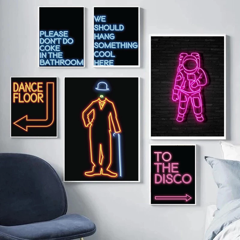 Постер для дискотеки и печатная Картина на холсте астронавт неоновый Светлый