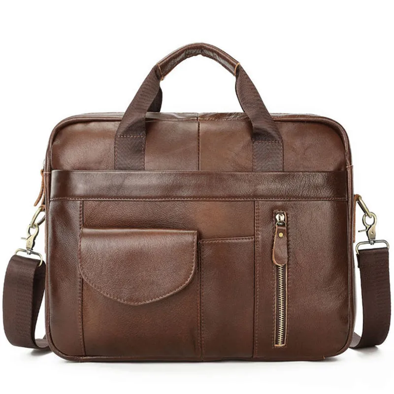 Fashion desig natural real leather men portable business briefcase daily work lawyer multi-pocket single shoulder messenger bag