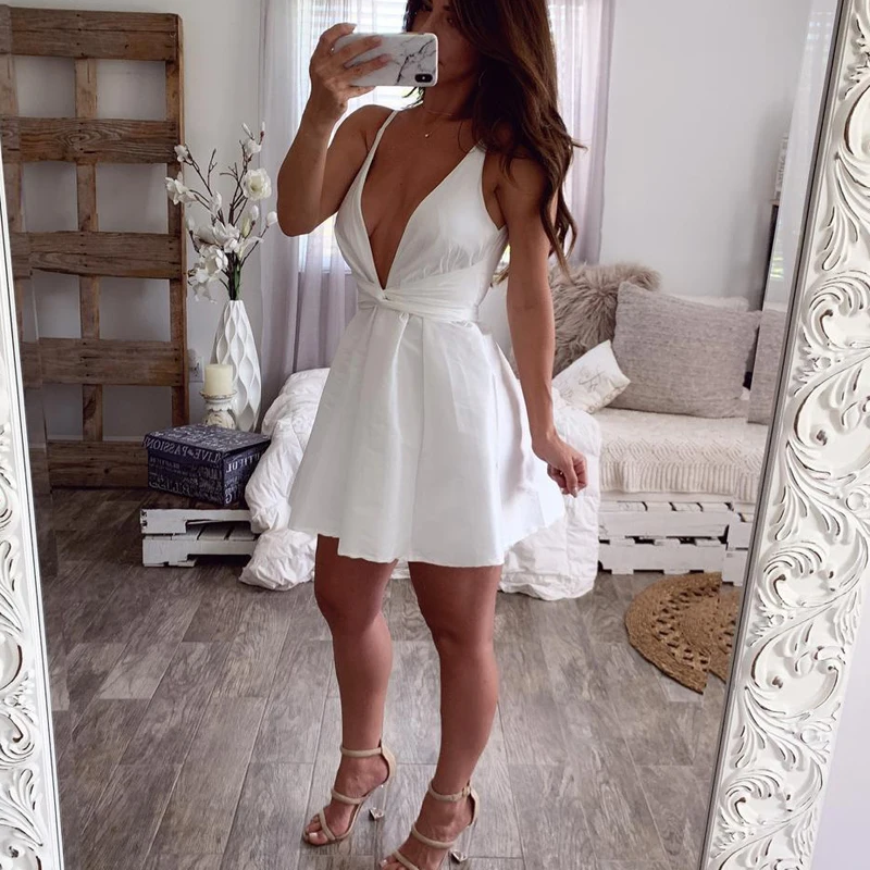Летнее повседневное белое платье EvaQueen на бретелях-спагетти Женские однотонные