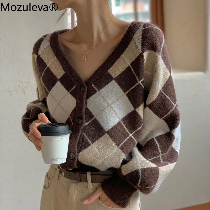 Mozuleva New Autumn Vintage Argyle Knitted Sweaters Women Casual V-neck Full Sleeve Single-breasted Loose Female Cardigans 2021 |