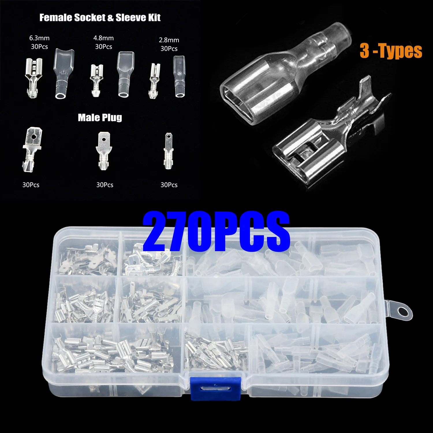 

270pcs Female & Male Spade Crimp Terminal Connectors Set 2.8/4.8/6.3mm Durable And Reliable