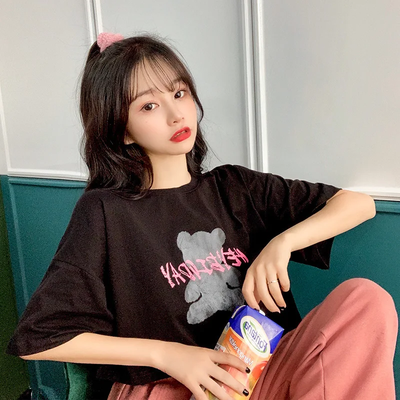 

Korean Dropshipping Cute Bear Punk Gothic Women Clothes Top Short Sleeve HipHop Vintage Letter Print Harajuku Women T-Shirt