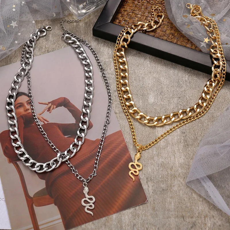 В стиле панк в хип хоп со змеиным рисунком кулон ожерелье для женщин Многослойные