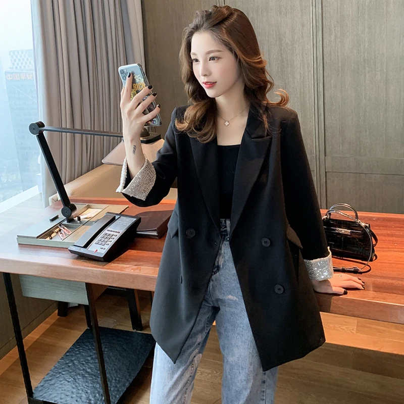 

Loose Outerwear Women Suit Jacket Spring Autumn Female Jacke 2020 Elegant Chic Sequin Cuff Women Small Blazer Femme