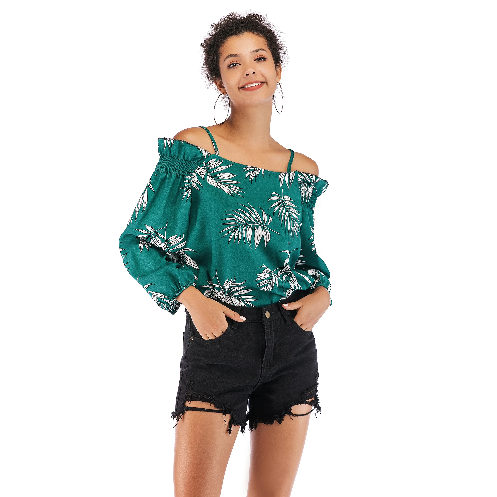 Высокая уличная Весенняя шифоновая рубашка с открытыми плечами и