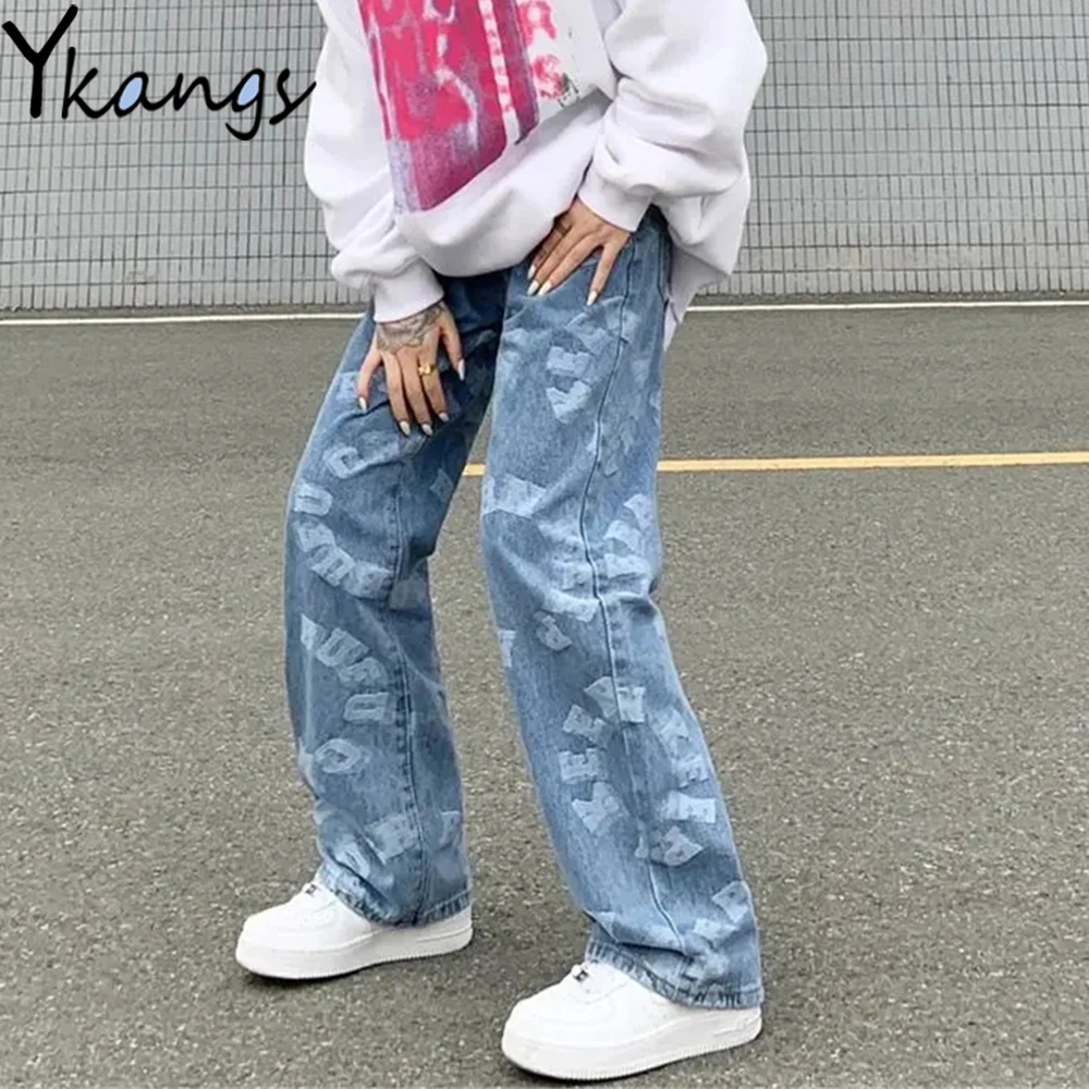 

Plus Size 5XL Letter Print Blue Hippie Wide Leg Jeans Gothic Women High Street Denim Pants Streetwear Harajuku Baggy Trousers